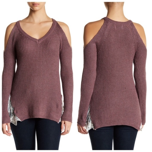 Mauve Cold Shoulder Sweater w/ Peekaboo Lace - Picture 1 of 5